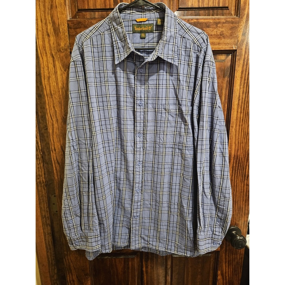 Timberland Plaid Pattern Button Up Dress Shirt Mens XXL Blue White Long Sleeve